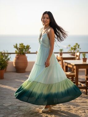 Young Fabulous & Brooke blue/ green tie dye halter maxi dress NWOT SMALL